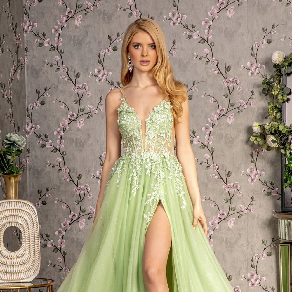NEW LONG A-LINE FORMAL SLEEVELESS DRESS EMBROIDERED WITH FLORAL APPLQIUE GL3202